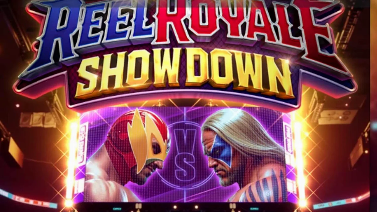 Lutadores de wrestling em um ringue iluminado no slot Reel Royale Showdown