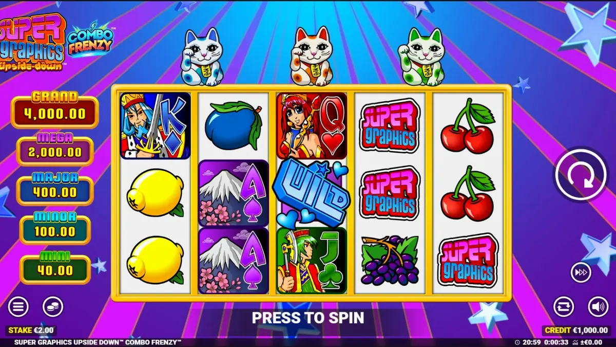 Interface do jogo Super Graphics Upside Down com Lucky Cats e símbolos coloridos